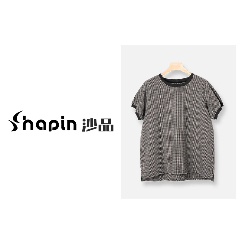 文艺小格纹圆领T恤夏季透气棉麻经典撞色短袖女MM6831