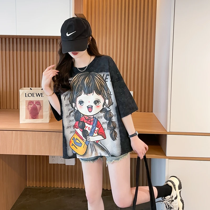 夏季时尚百搭短袖T恤女2025爆款宽松大码显瘦亮闪闪纯棉上衣ins潮