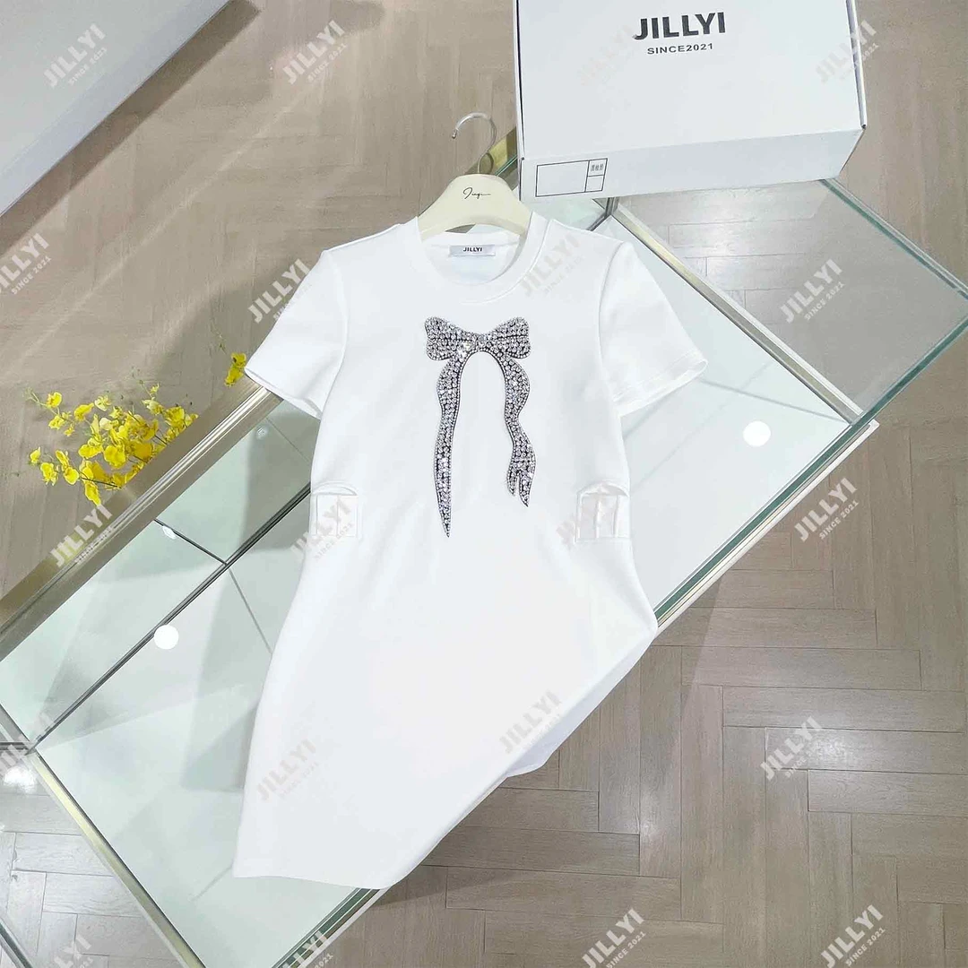 JILLYI南山店【蝴蝶纯白】白色圆领蝴蝶飘带镶钻装饰夏季初恋风时尚