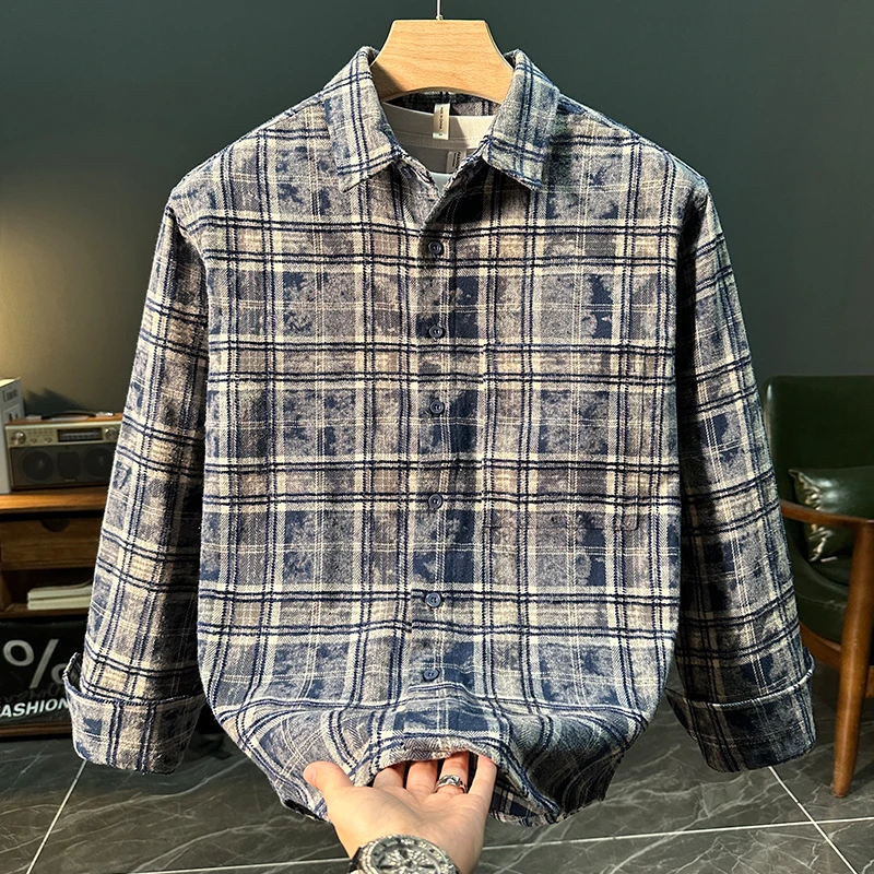 喀费基赫秋季潮流格子长袖衬衫男士时尚休闲百搭文艺宽松衬衣外套