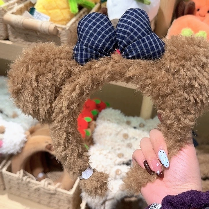 咖色格子蝴蝶结洗脸发箍