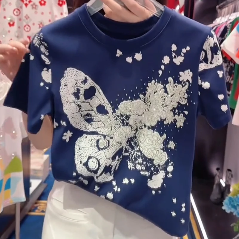 0922韩版重工蝴蝶印花短袖T恤女2025夏季款时尚气质宽松休闲上衣