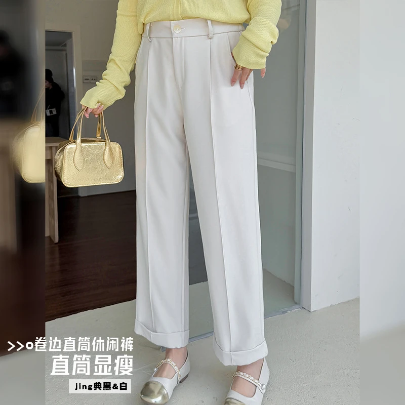 大码微胖mm高腰显瘦宽松直筒休闲裤女秋冬加厚九分毛呢百搭烟管裤