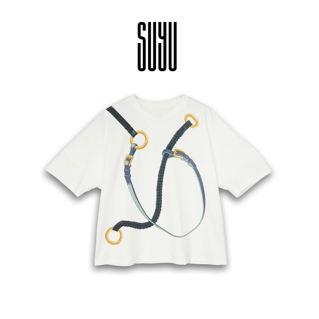 SUYU【雅尚】中长款夏装T恤圆领短袖小众印花常规款