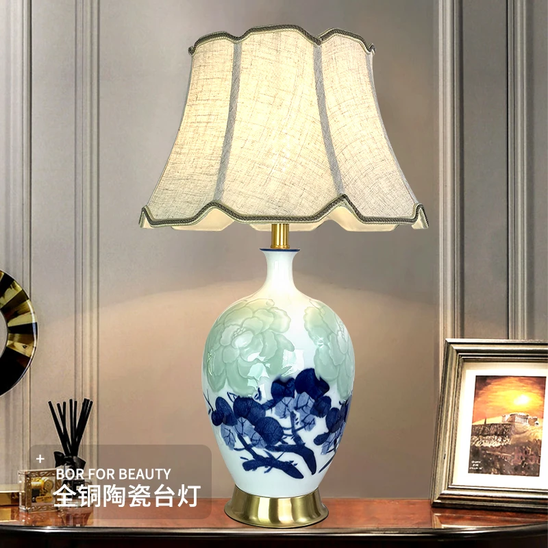 新中式全铜座陶瓷台灯中国风彩绘客厅书房温馨卧室床头灯装饰台灯