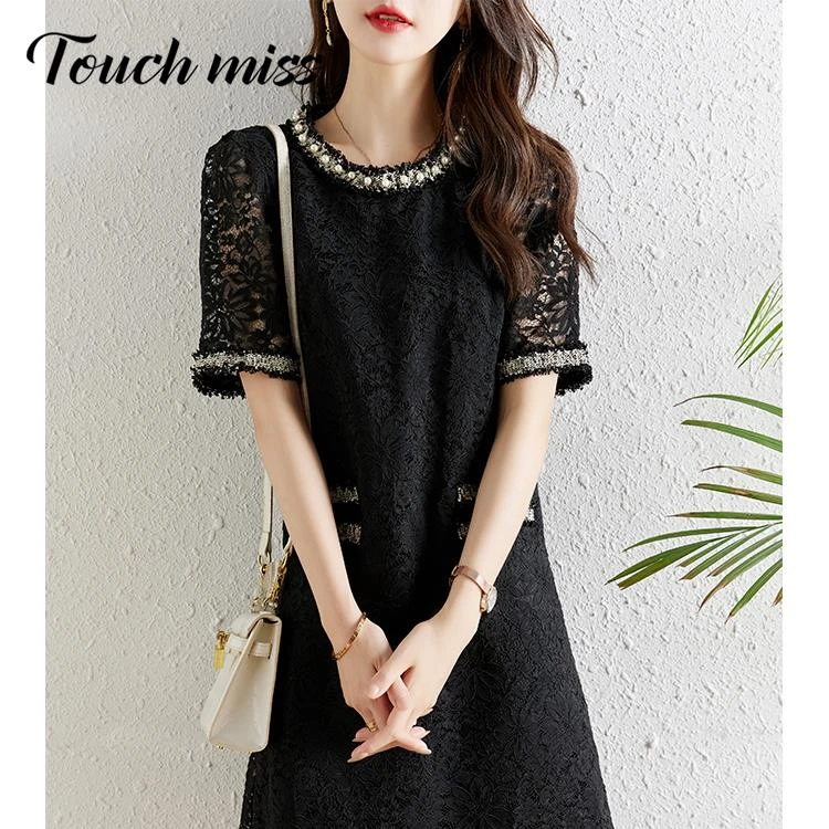 Touch Miss小香风蕾丝连衣裙女夏季2025新款宽松显瘦气质休闲长裙