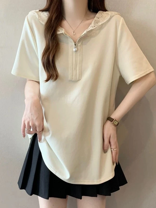 【25139】纯#休闲百搭半拉链蕾丝连帽上衣