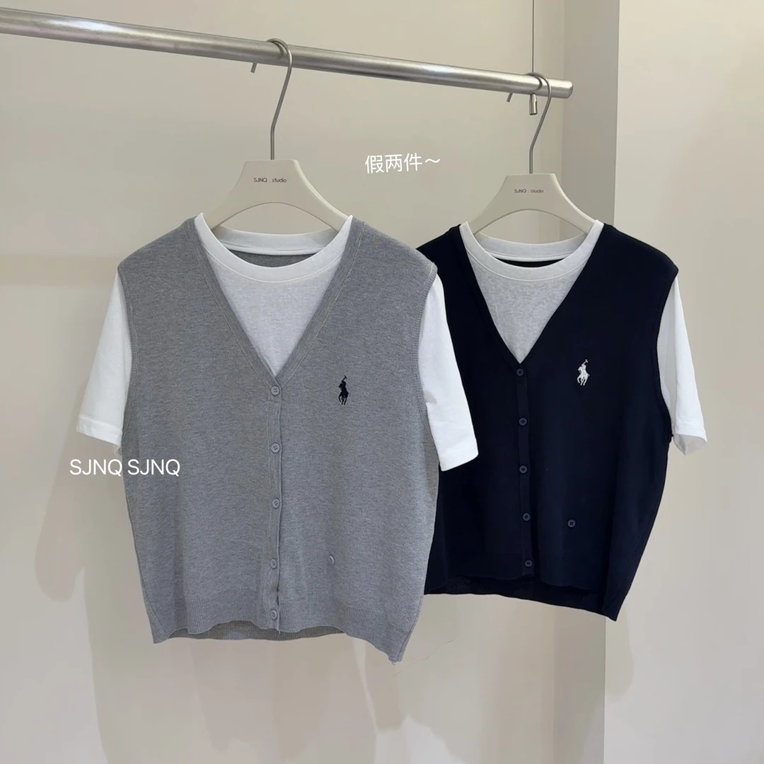 【SJNQ】韩系通勤～简约休闲假两件短袖百搭针织衫