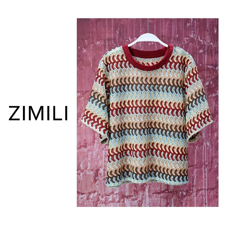 【亮哥女装】欧版多巴胺彩色条纹镂空时尚休闲短袖9662