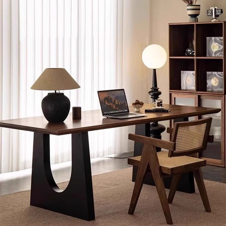 实木餐桌胡桃木色客厅大长书桌工作台大板餐书桌一体家用简约