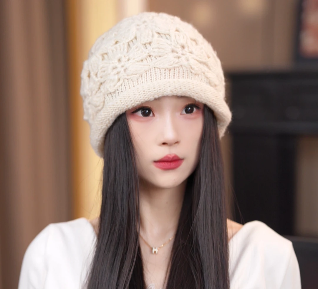 G008 秋冬手工钩花帽子女士针织保暖帽双层百搭毛线帽女