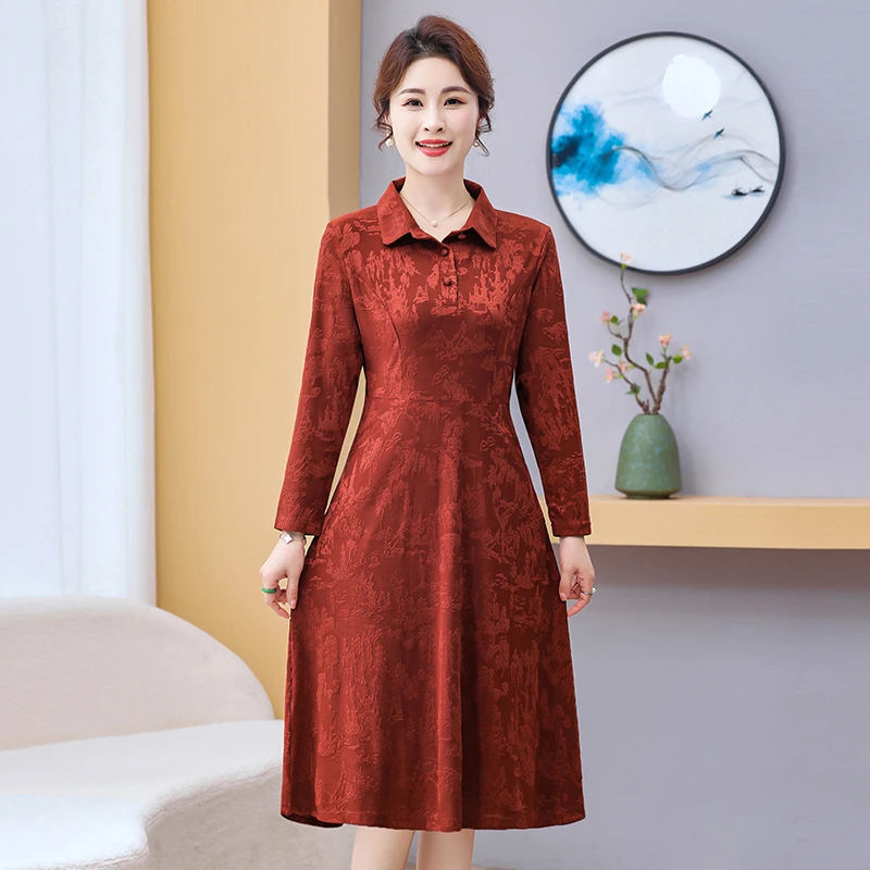 高贵妈妈装连衣裙春季中老年女装喜婆婆婚宴裙子洋气修身长袖长裙