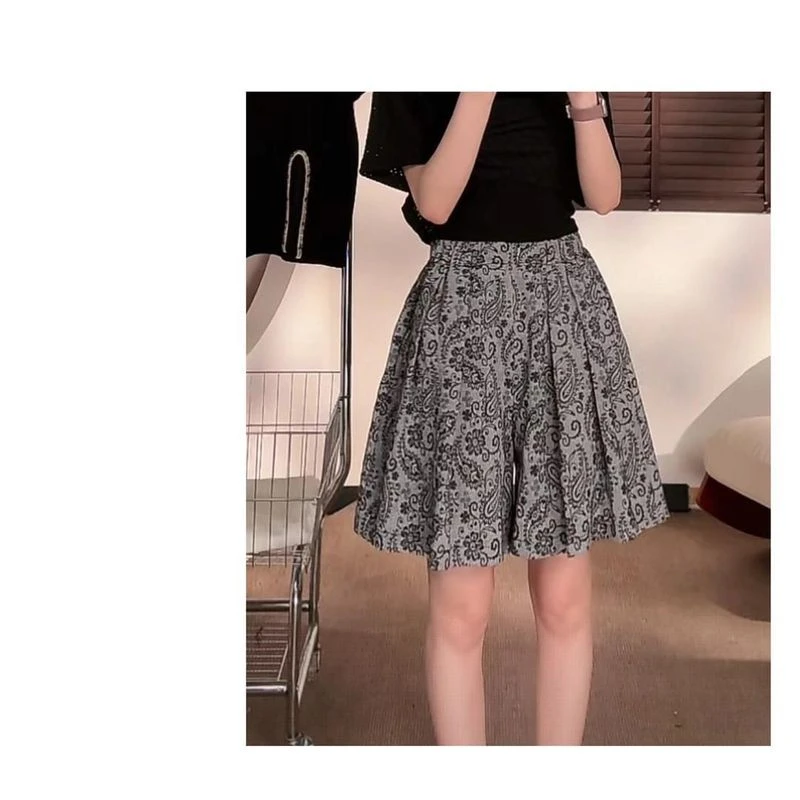 草履罗曼史】宽松腰果花灰色百搭简约休闲亚麻阔腿短裤