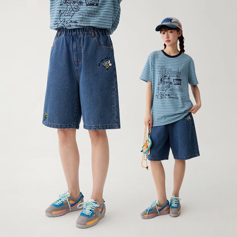初中生2025夏季新款美式刺绣五分直筒牛仔短裤C25BN1082W