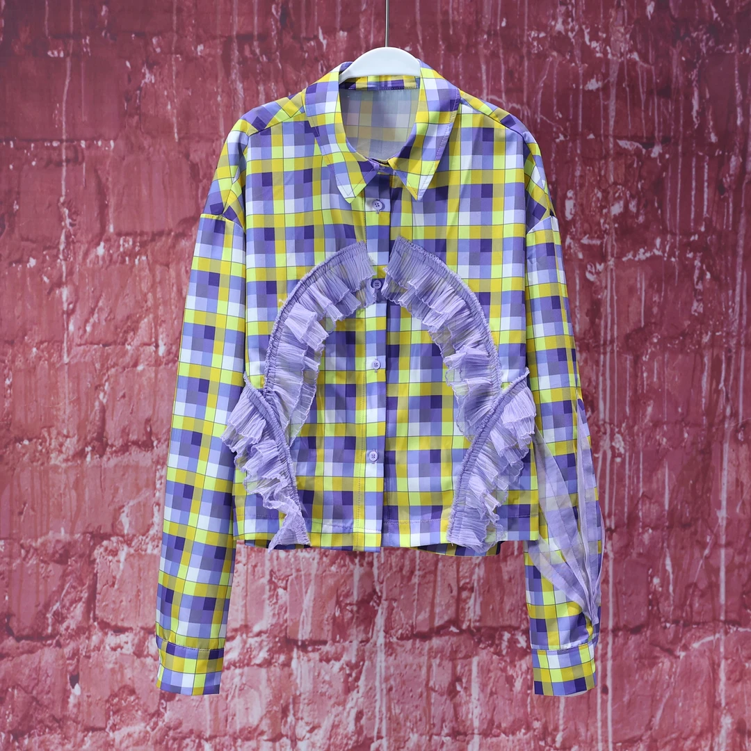 【LIANG哥女装】2025欧货季黄紫撞色格纹拼接舒适蕾丝装饰衬衫6153A