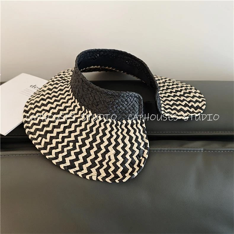 法式高级感欧美风空顶草帽女夏季出游大帽檐黑米拼色防晒遮阳帽子