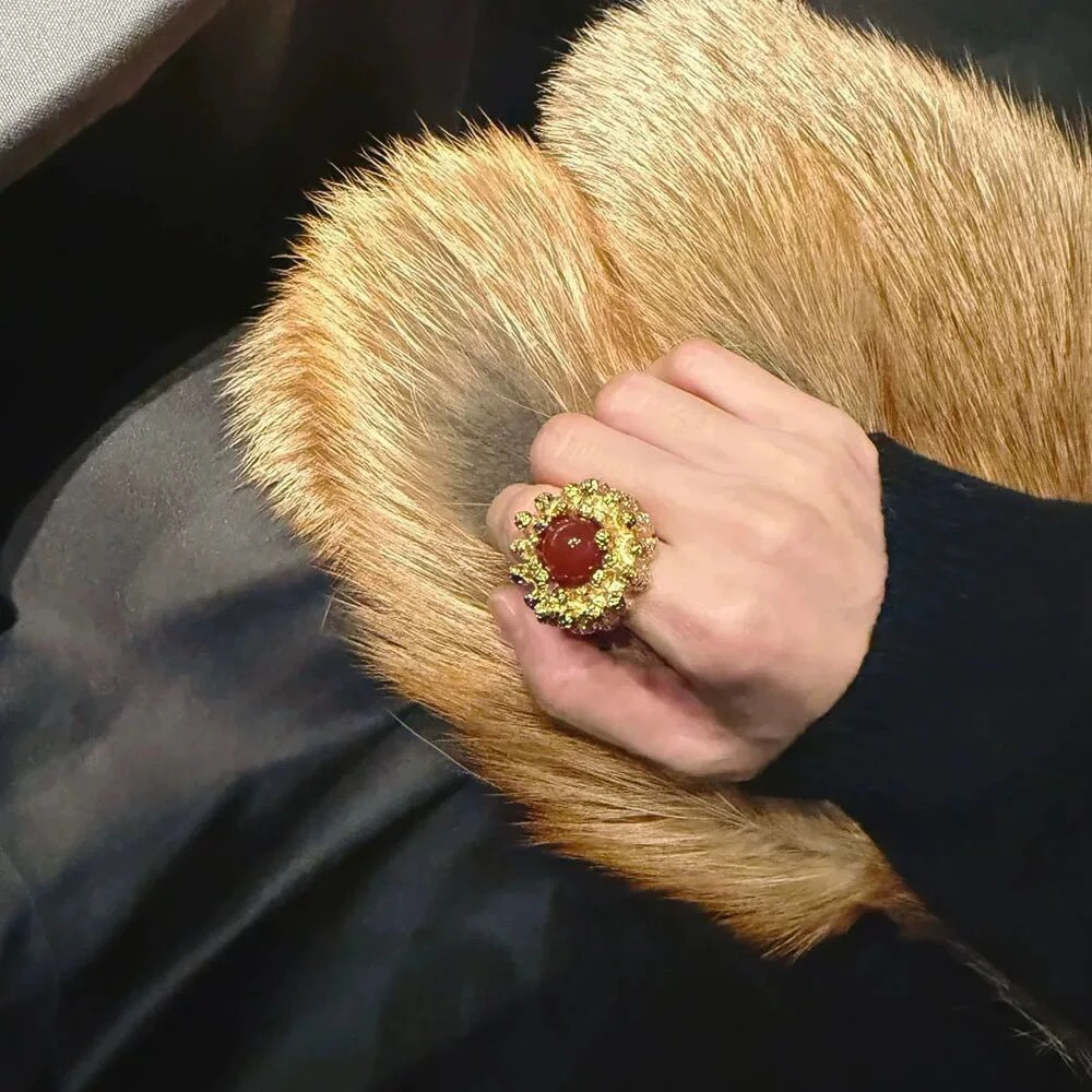 黄铜仿水晶戒指 花朵气质轻奢优雅镶嵌手工指环戒指