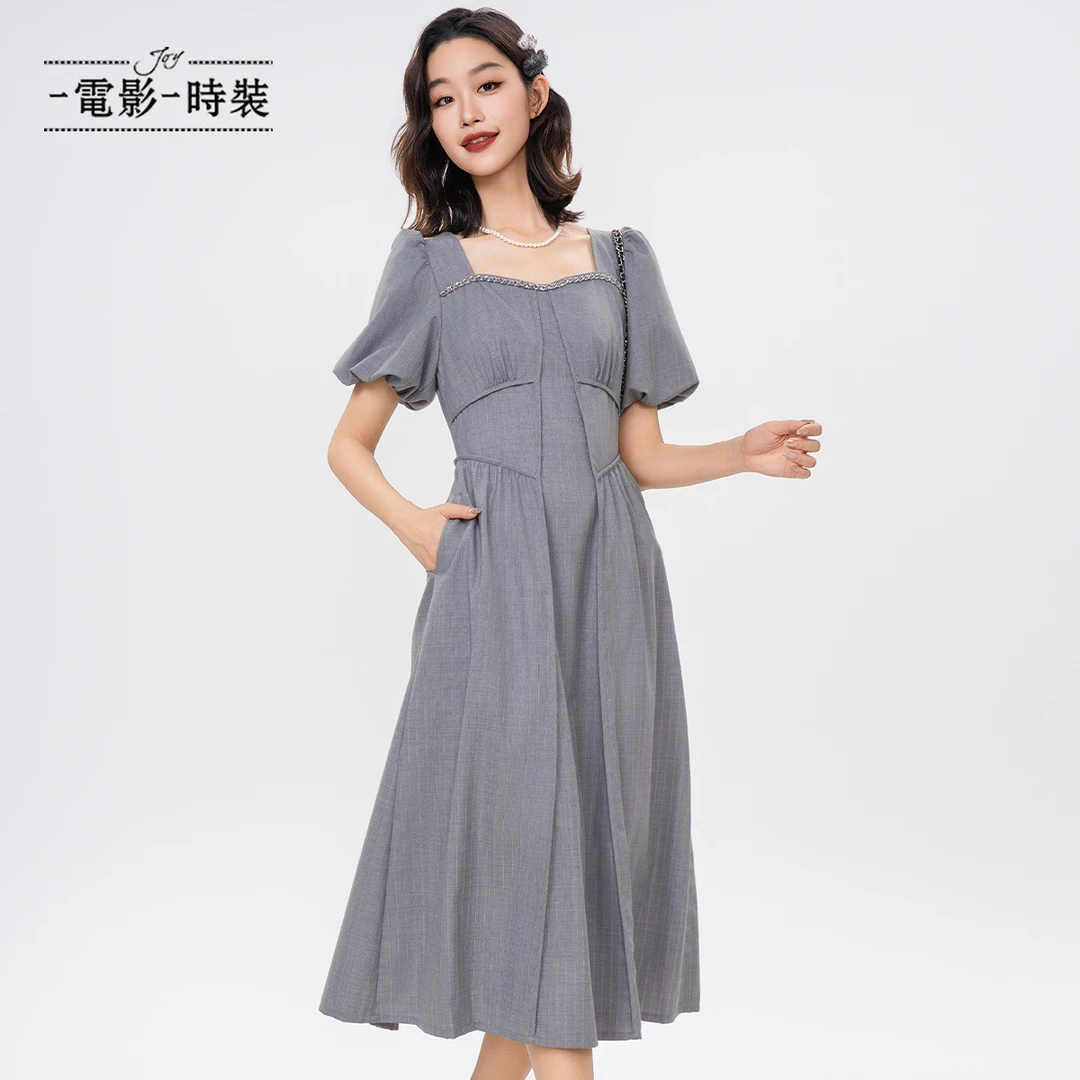 【芊芊专属】一电影一时装复古气质收腰泡泡袖条纹连衣裙FFNL115701