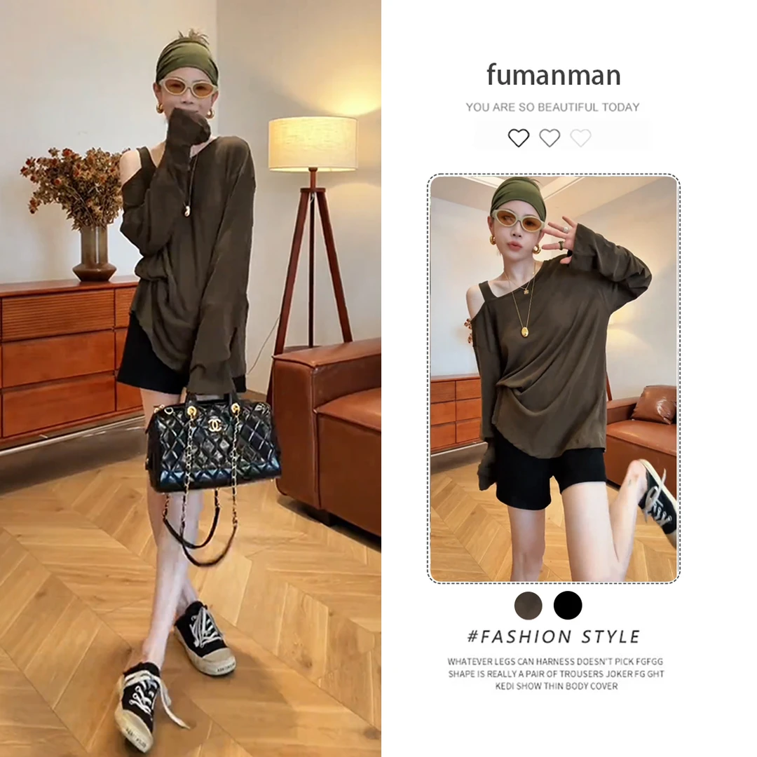 早秋韩系套装女2025新款复古设计感斜肩上衣搭高腰显瘦短裤两件套