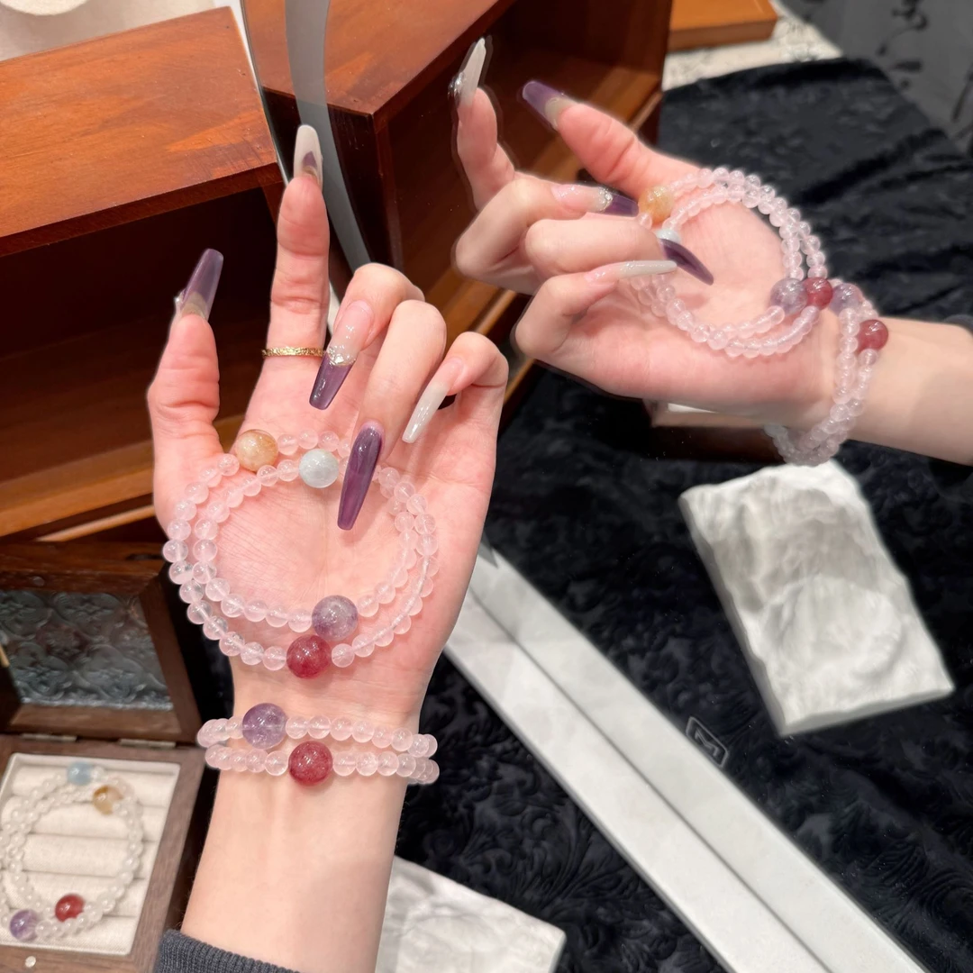 【日落金沙】天然水晶黄塔晶马粉手串女生显白温柔海蓝宝紫兔毛手