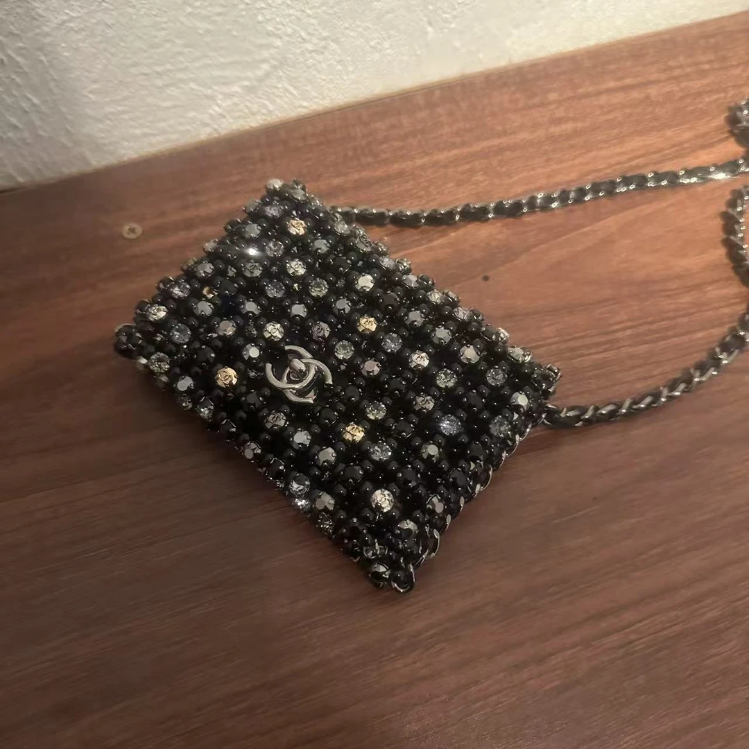 99新 Chanel/香奈儿 22C黑银镶钻编织镂空mini链条包12014368JL