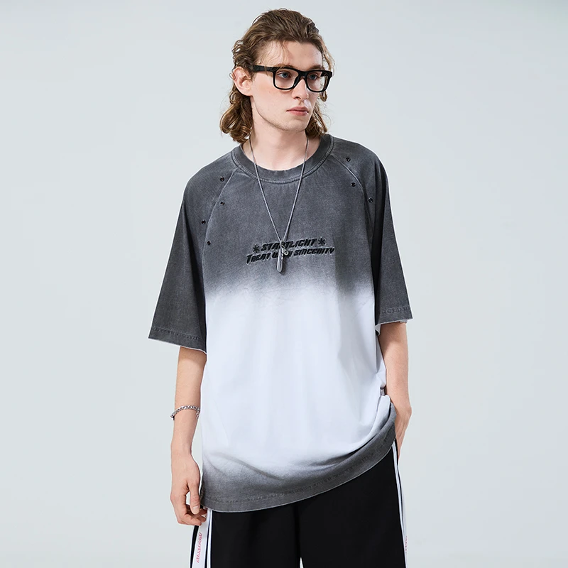 渐变男生t恤潮流T恤短袖夏季印花休闲个性街头纯棉情侣宽松