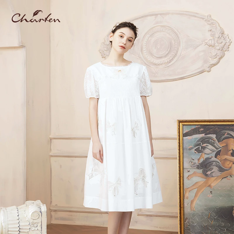 【媛媛专享】朝峰年春夏新款白色短袖绣花连衣裙CFD2E360-3085G