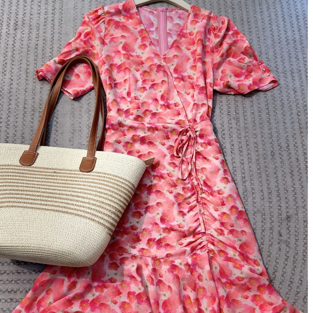 夏季新款杭州意法服饰红花色连衣裙女1223