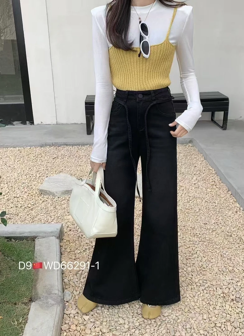 66291-1春夏款宽松弹力直筒拖地喇叭裤黑色百搭时尚高腰