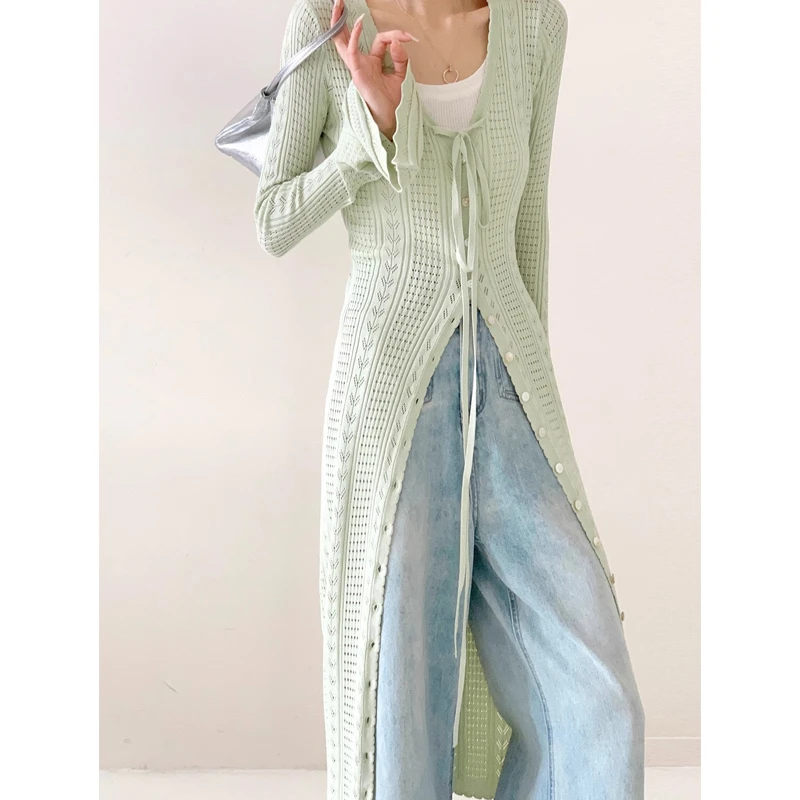 浅绿色v领中长款针织衫女温柔镂空开衫外套