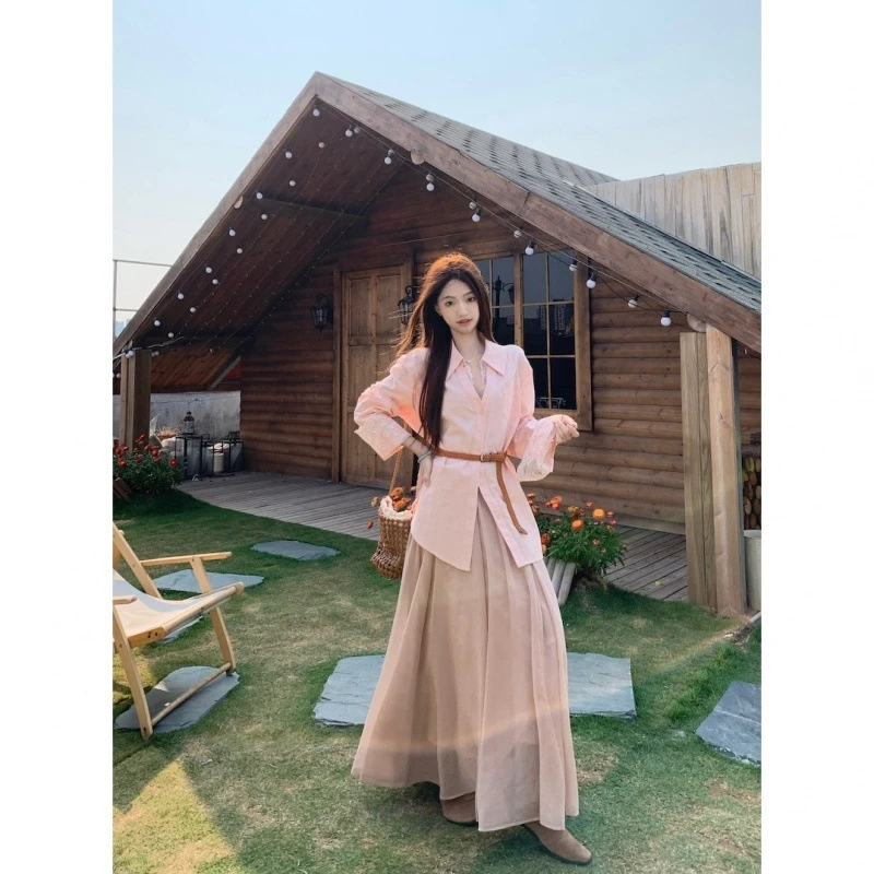 法式翻领蕾丝拼接衬衫高腰网纱半身裙女2025春夏新款时尚套装chic