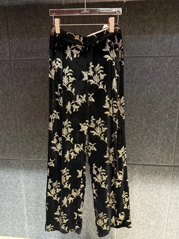 LA MAISON JADE玉琼黑色丝绒印花直筒裤