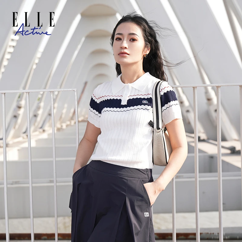 ELLE Active【时尚撞色】短袖针织衫女翻领polo衫t恤老钱风休闲上衣