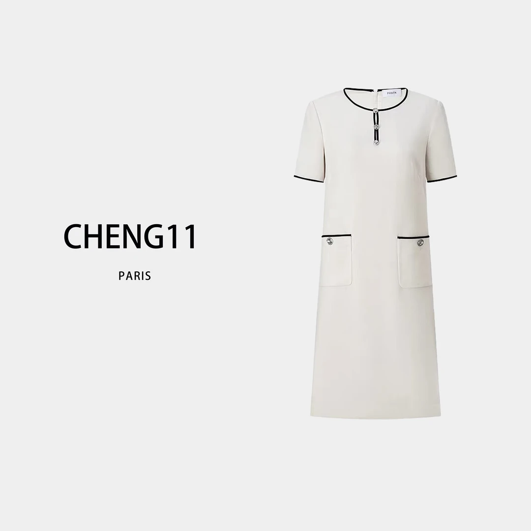 BAO Z-3333夏季新款通勤时尚纽扣装饰撞色边缘短袖连衣裙