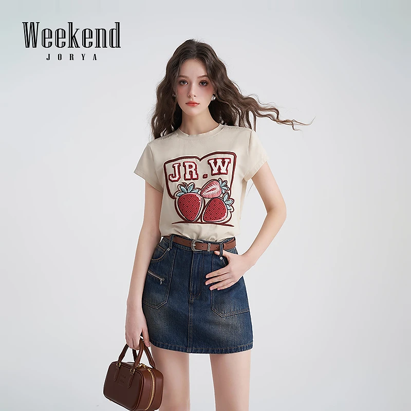 卓雅周末夏季新复古清凉图案重工刺绣童趣短袖圆领T恤XRW2S02C