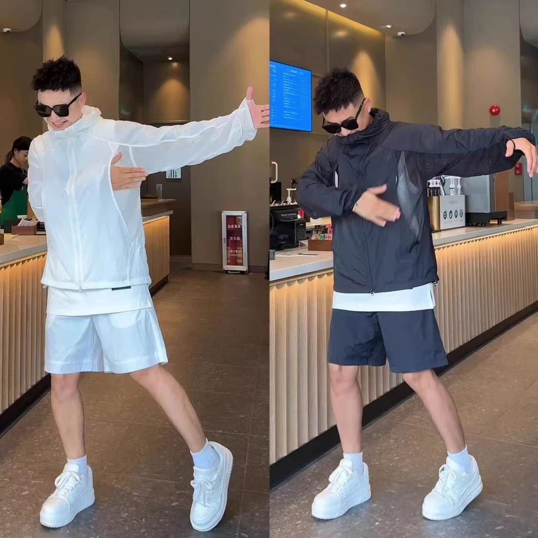 【语乐同款】网眼轻薄透气防晒套装男夏季连帽长袖+直筒短裤两件套