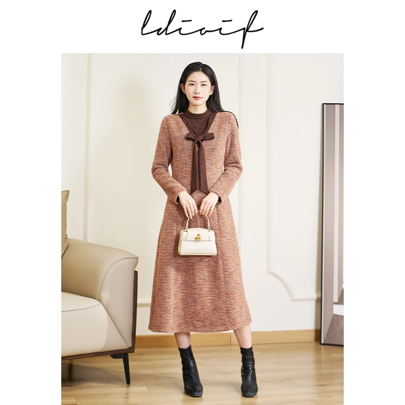 双色定染彩纱织绒工艺/重磅雪花绒立领绑带加厚连衣裙#DLQ18935