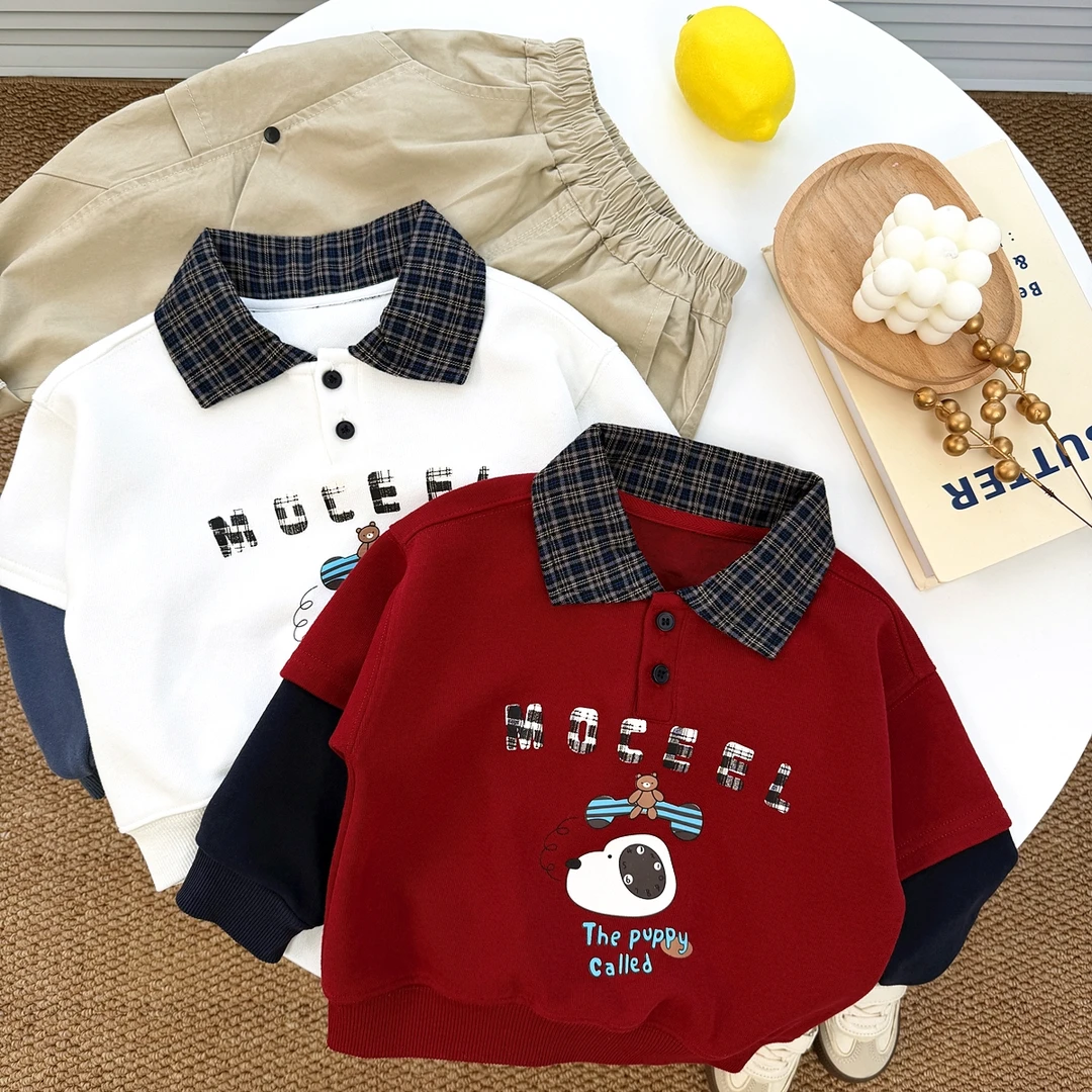 【春季新品】儿童装格子翻领卫衣假两件小狗卡通撞色春秋洋气打底