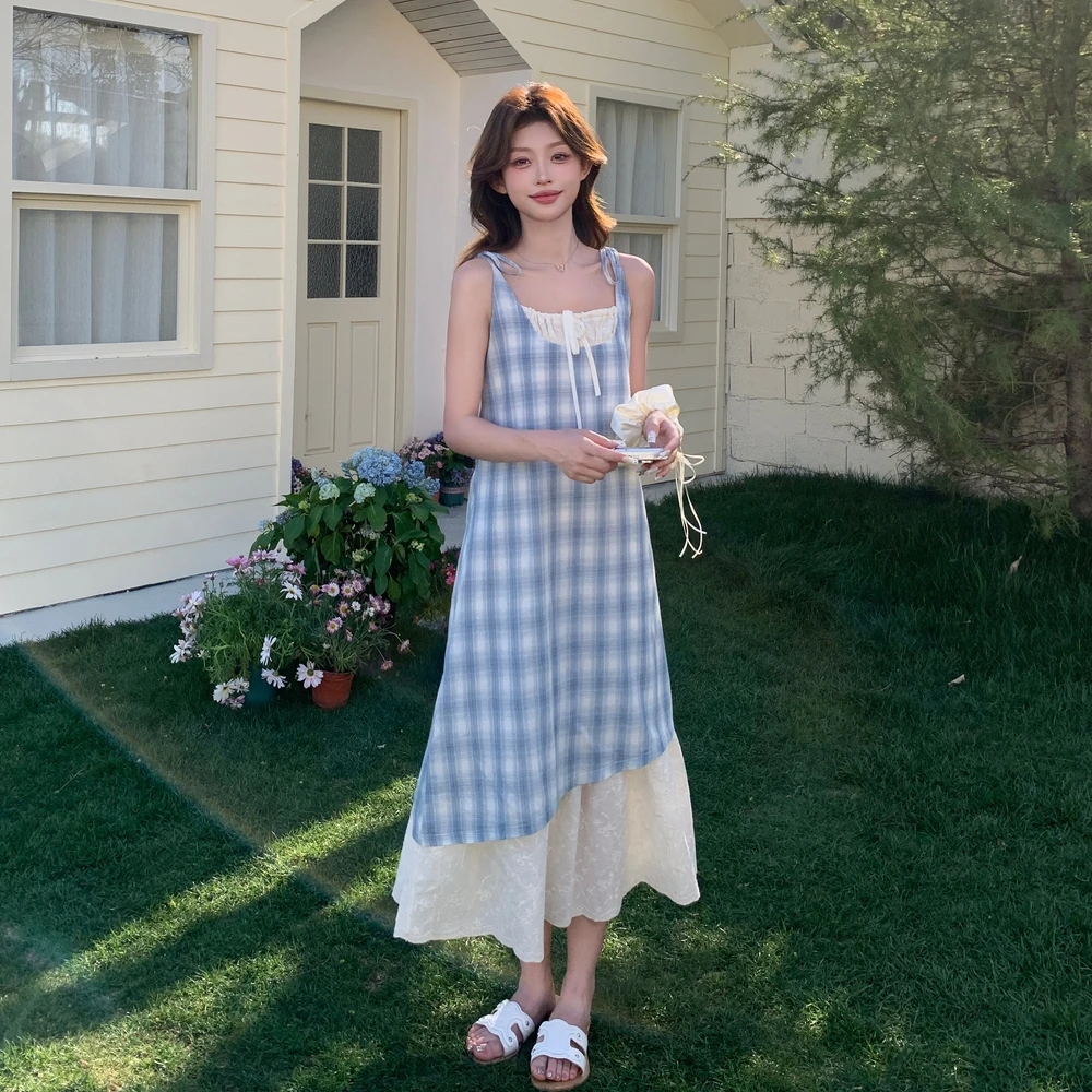 夏季小清新时尚格子法式甜辣茶歇裙吊带裙显瘦连衣裙气质少女复古
