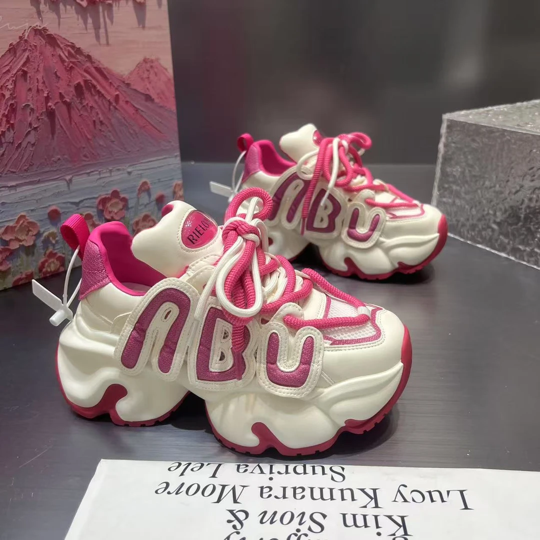 【wf】欧洲站厚底透气网面拼色老爹鞋女ins超火透气网面厚底松糕潮