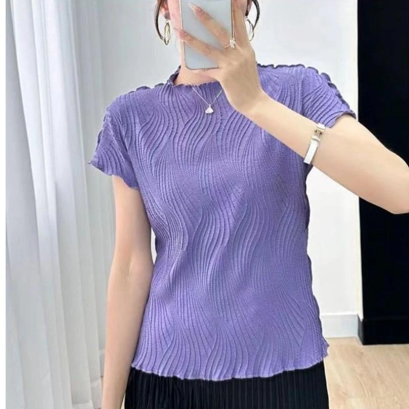 【褶二喜】纯色简约休闲三宅风打底T恤衫夏季新款圆领短袖褶皱上衣
