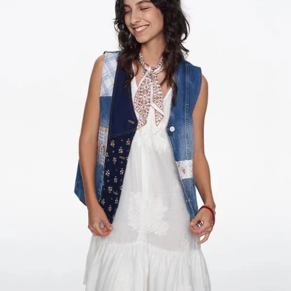 LABER THREE X THE ENES 叠穿搭配b备艺术碎花做旧牛仔拼布马甲