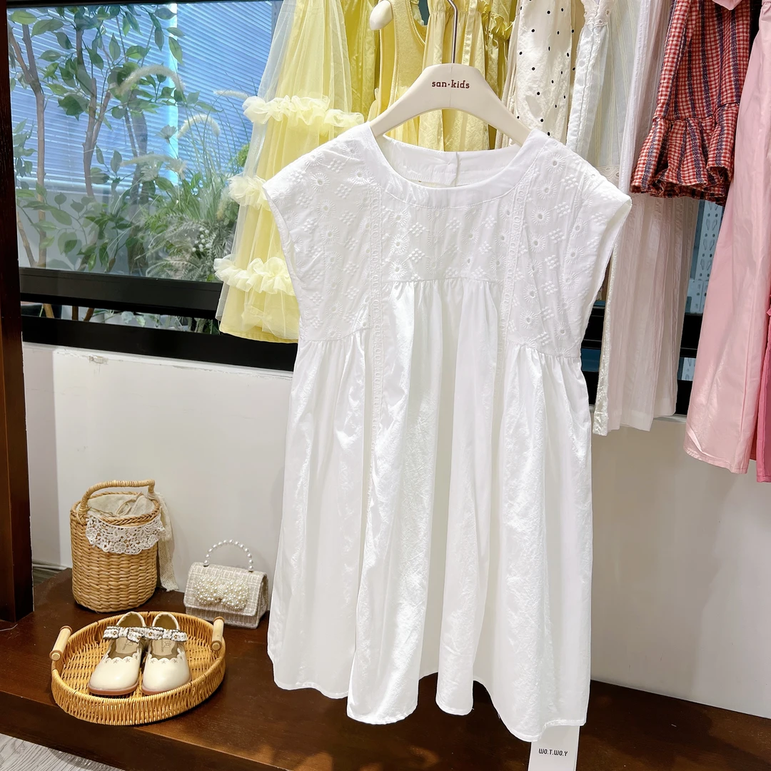 【连衣裙】29056（白色）连衣裙 女童韩版 百搭森系 拼接绣花布连衣裙