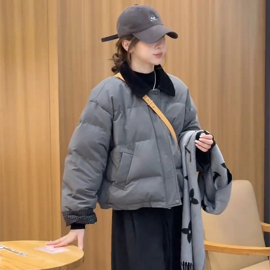 欧货翻领撞色棉服女短款2025冬季新款韩系小个子宽松休闲保暖外套