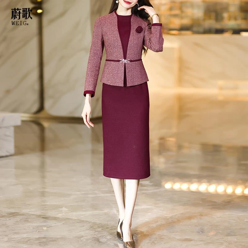 喜妈妈婚宴假两件长袖拼接洋装2025春季收腰显瘦中长版气质裙子