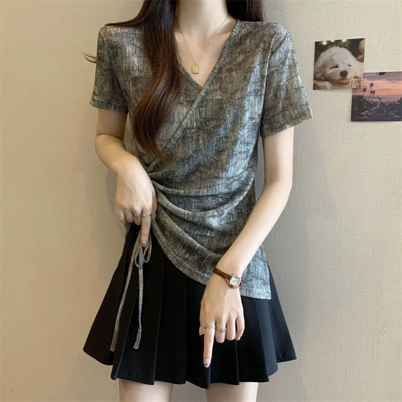 大码交叉设计感扎染短袖t恤女夏季2025新款宽松显瘦胖mm外穿上衣
