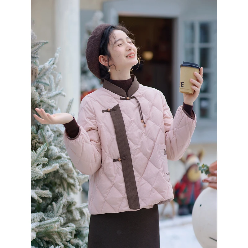 红念中式国风粉色羽绒服女短款小个子冬季2025新款气质外套上衣