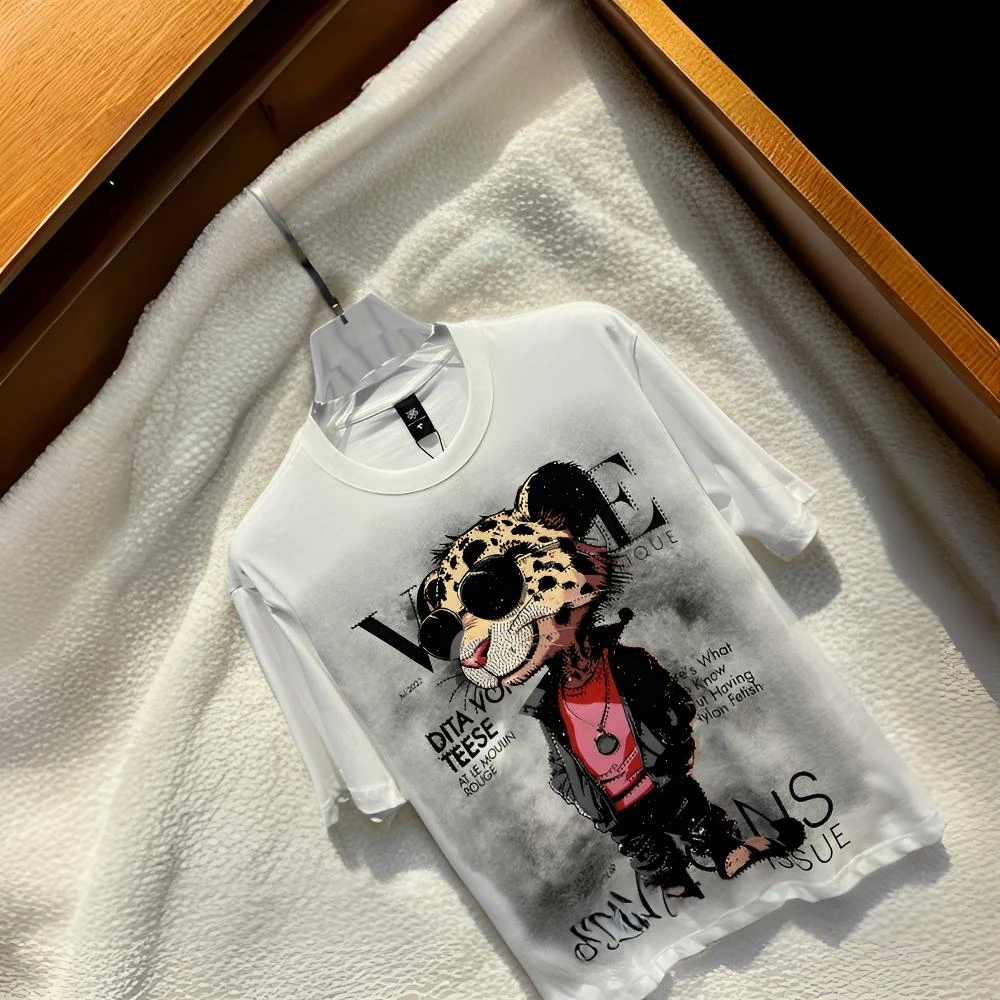 TERINELO/黛芮奈勒夏季新款时尚个性休闲T恤男士卡通印花烫钻半袖