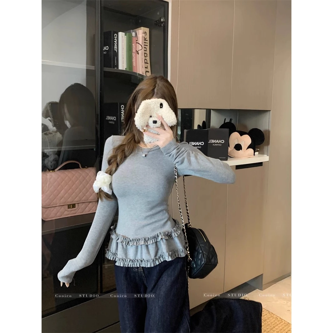 设计感芭蕾风花边圆领T恤女2025春季新款修身显瘦内搭打底上衣