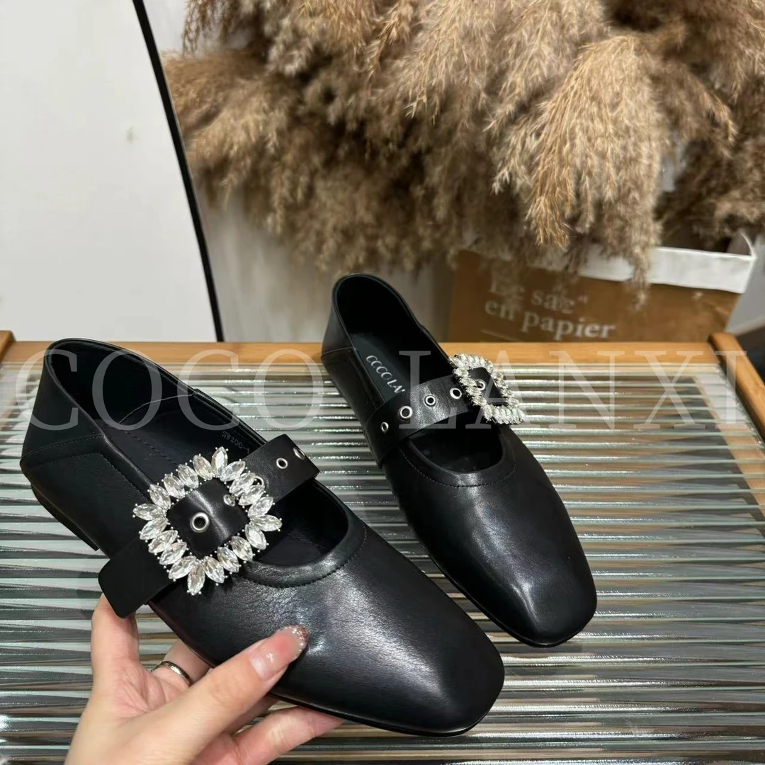 【里安】优雅气质真皮水晶方扣女士小单鞋韩系温柔软底25DX032LX